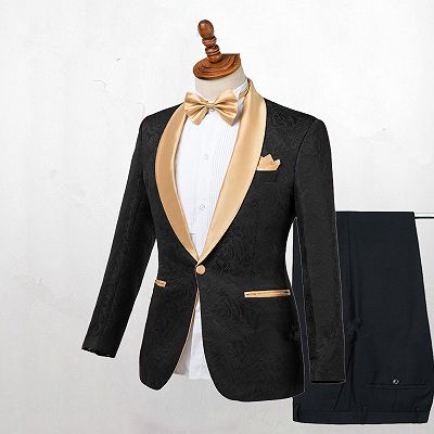 Josiah Handsome Black One Button Wedding Men Suits with Gold Lapel_2