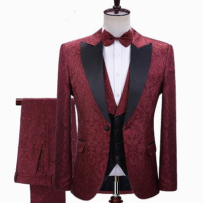 Parker Burgundy Jacquard Peaked Lapel Three-Pieces Wedding Men Suits_2