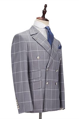 Silver Gray Plaid Peak Lapel Double Breasted Men's Formal Suit for Business_3