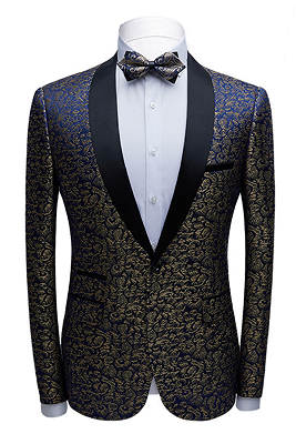 Modern Black Satin Shawl Lapel Wedding Tuxedos | Gold Jacquard Blue Men's Suits for Prom