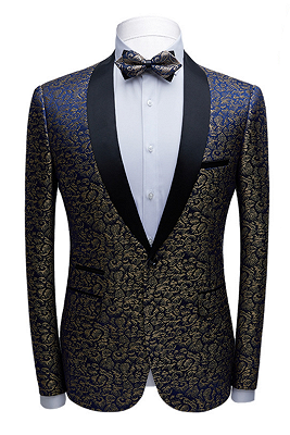 Modern Black Satin Shawl Lapel Wedding Tuxedos | Gold Jacquard Blue Men's Suits for Prom_1