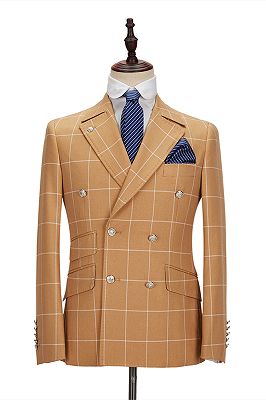 Peak Lapel Flap Pockets Double Breasted Plaid Orange Men's Business Suit for Formal