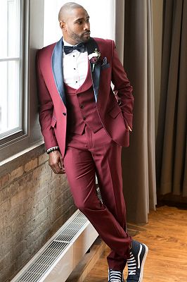 Elias Burgundy Slim Fit Men Suit with Black Shawl Lapel