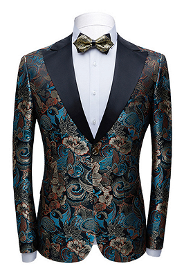 Multicolors Peak Lapel with Black Satin Wedding Tuxedos | Vintage Jacquard Men's Prom Suits_1