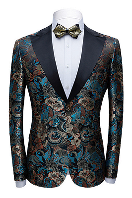 Multicolors Peak Lapel with Black Satin Wedding Tuxedos | Vintage Jacquard Men's Prom Suits