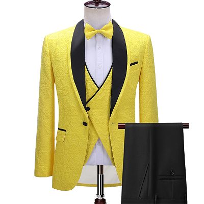 Alejandro Handsome Yellow One Button Three-Piece Wedding Suit with Black Lapel