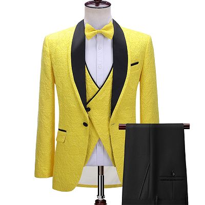 Alejandro Handsome Yellow One Button Three-Piece Wedding Suit with Black Lapel_2