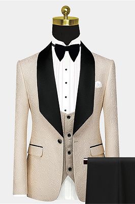 Stylish Light Champagne Prom Suit | Black Large Lapel Jacquard Wedding Tuxedos - Wayn