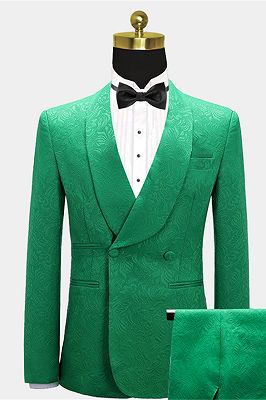 Green Jacquard Large Shawl Lapel Double Breasted Prom Suits without Pocket Flaps