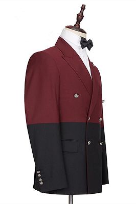 Emmanuel Fashion Burgundy and Black Double Breasted Peaked Lapel Men Suits for Prom_2