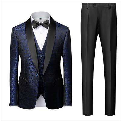 Popular Dark Navy Blue Men's Wedding Tuxedos | Black Satin Lapel Jacquard Prom Suits_2