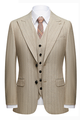 Gentle Khaki Striped Peak Lapel Formal Men's Suit for Business