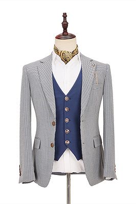 Fashion Black-and-White Plaid Slim Fit 3 Piece Men's Suit with Denim Blue Waistcoat