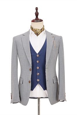 Fashion Black-and-White Plaid Slim Fit 3 Piece Men's Suit with Denim Blue Waistcoat_1