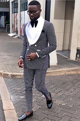 Fashion Black Dot Double Breasted Mens Suit Online with White Lapel