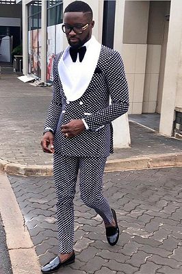 Fashion Black Dot Double Breasted Mens Suit Online with White Lapel_1