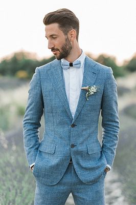 Ocean Blue Linen Summer Beach Groom Wedding Suits | Casual Man Blazer Tuxedo_1