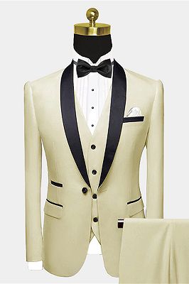 Modern Champagne Prom Suit | Black Satin Shawl Lapel Suits for Groomsmen