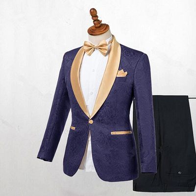 Colton Dark Blue Jacquard Shawl Lapel Wedding Suits