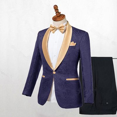 Colton Dark Blue Jacquard Shawl Lapel Wedding Suits_2