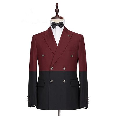 Emmanuel Fashion Burgundy and Black Double Breasted Peaked Lapel Men Suits for Prom_4