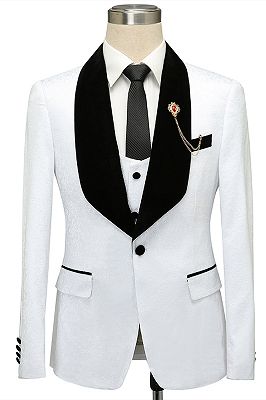 Fernando White Jacquard One Button Wedding Men Suits with Black Lapel_1