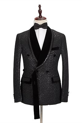 Stylish Velvet Lapel Double Breasted Prom Suit | Belt Leopard Black Jacquard Men's Suit for Wedding