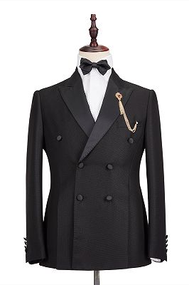 Classic Satin Peak Lapel Double Breasted Black Men's Wedding Suit Groom Tuxedos_1