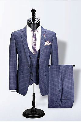 Mario Blue Notched Lapel Plaid Fashion Slim Fit Men Suits