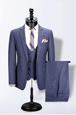 Mario Blue Notched Lapel Plaid Fashion Slim Fit Men Suits_1