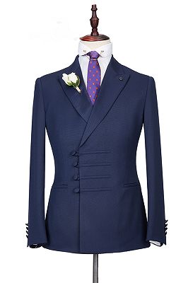 Roman Dark Navy Peaked Lapel Buckle Best Fitted Men Suits for Formal_1
