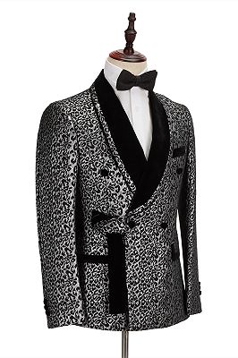 Black Stitching Silver Leopard Jacquard Men's Suit | Shawl Lapel Double Breasted Wedding Suit for Formal with Shirt_3