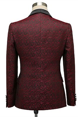 Cesar Burgundy One Button Shawl Lapel Jacquard Wedding Groom Suits