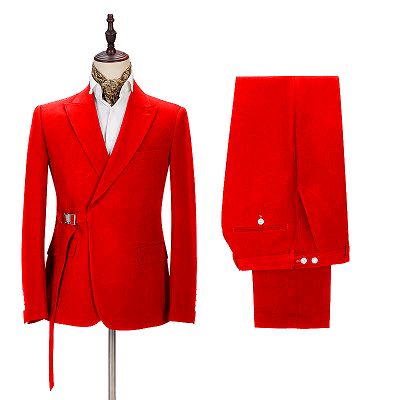 Passionate Bright Red Men's Formal Suit Online | Peak Lapel Buckle Button Casual Suit for Men