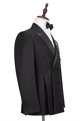 Classic Satin Peak Lapel Double Breasted Black Men's Wedding Suit Groom Tuxedos_3