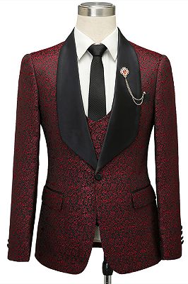 Cesar Burgundy One Button Shawl Lapel Jacquard Wedding Groom Suits