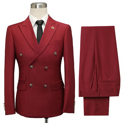 Asher Red Double Breasted Peaked Lapel Slim Fit Men Suits_2