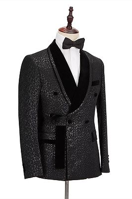Stylish Velvet Lapel Double Breasted Prom Suit | Belt Leopard Black Jacquard Men's Suit for Wedding