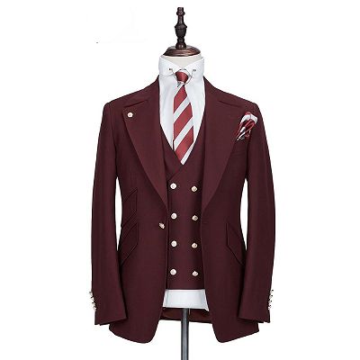 Harrison Burgundy Peaked Lapel One Button Men Suits_5