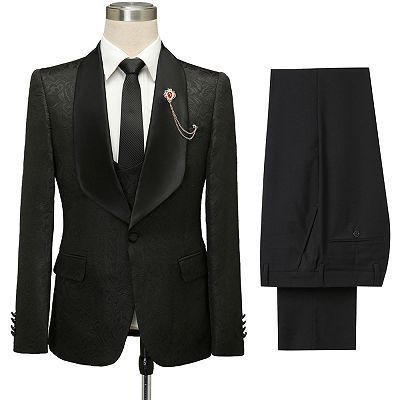 Bradley Stylish Black Jacquard Shawl Lapel Wedding Suits_5
