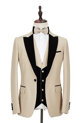 Black Peak Lapel Champagne Wedding Suit | Velvet Banding Edge Formal Suit for Men_1