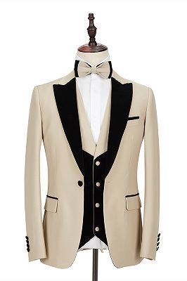 Black Peak Lapel Champagne Wedding Suit | Velvet Banding Edge Formal Suit for Men
