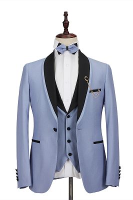 Modern Light Blue Stitching Black Shawl Lapel One Button Men's Formal Suit for Wedding_1