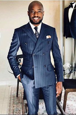 Israel Navy Blue Striped Peaked Lapel Double Breasted Formal Men Suits