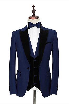 Dark Blue Peak Lapel Men's Wedding Suit | Velvet Lapel Formal Suit_1