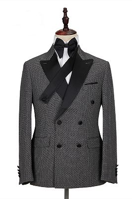 Modern Black-and-Gray Cruciform Satin Peak Lapel Double Breasted Men's Formal Suit