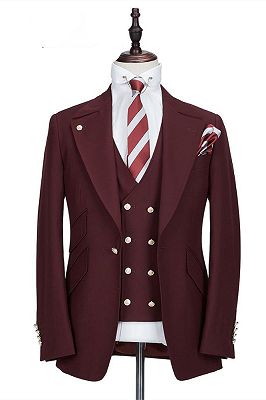 Harrison Burgundy Peaked Lapel One Button Men Suits_1