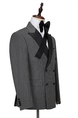 Modern Black-and-Gray Cruciform Satin Peak Lapel Double Breasted Men's Formal Suit_3