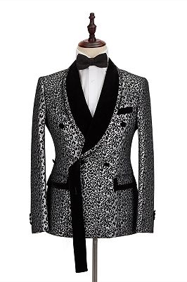 Black Stitching Silver Leopard Jacquard Men's Suit | Shawl Lapel Double Breasted Wedding Suit for Formal with Shirt_1