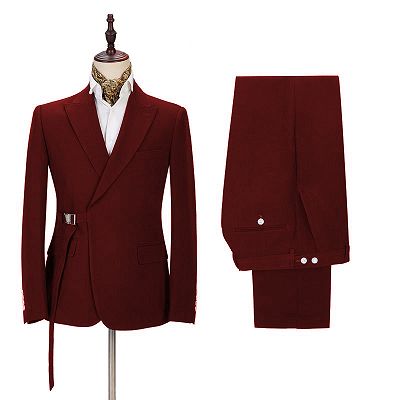 Stylish Peak Lapel Buckle Button Formal Burgundy 2 Piece Men's Casual Suit Online